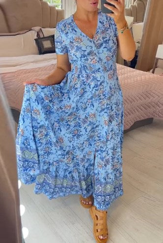 Aspen - Elegant Floral V-Neck Pleated Hem Dress