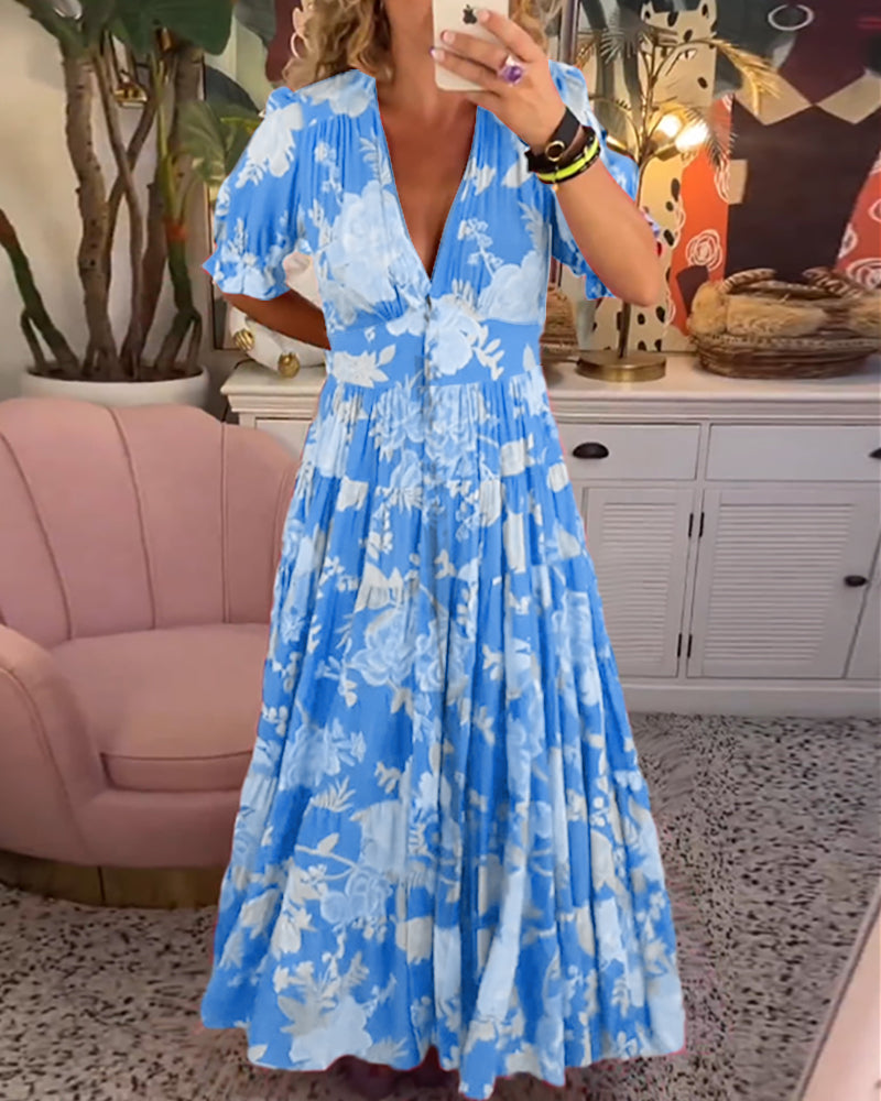 Isla - V-Neck Short Sleeve Floral Maxi Dress