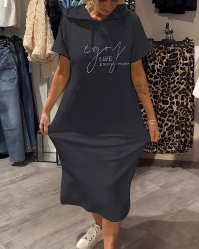 Edith - Casual Letter Print Hooded Pullover Dress