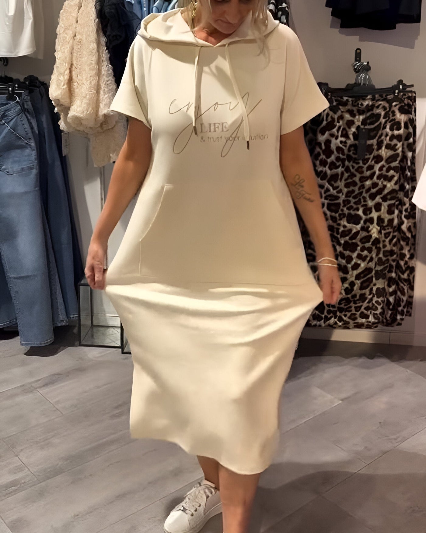Edith - Casual Letter Print Hooded Pullover Dress