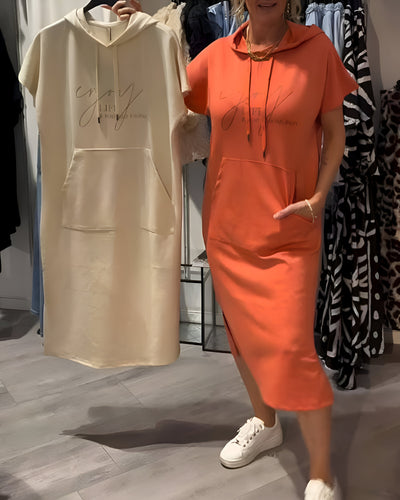 Edith - Casual Letter Print Hooded Pullover Dress