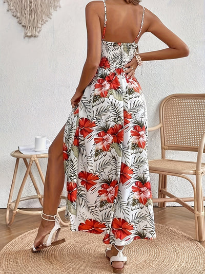 Leslie - Floral V-Neck Suspender Maxi Dres