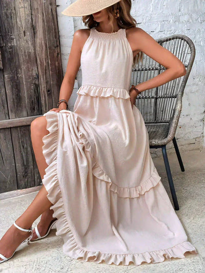 Avery - Elegant Halter Neck Ruffle Trim Dress