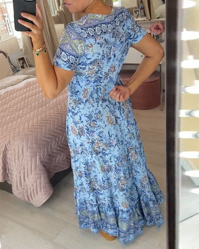 Aspen - Elegant Floral V-Neck Pleated Hem Dress