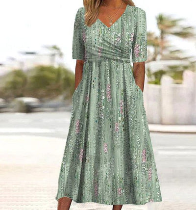 Irene - Floral Print High-Waist A-Line Dress
