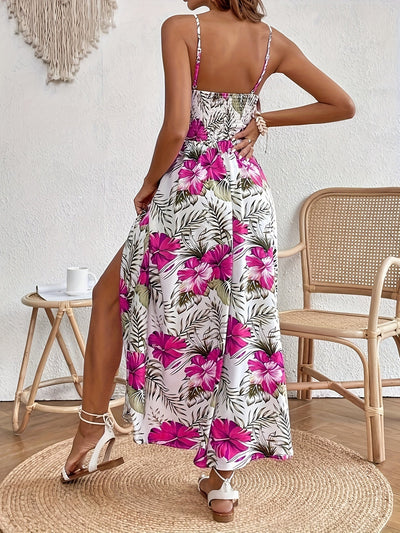 Leslie - Floral V-Neck Suspender Maxi Dres