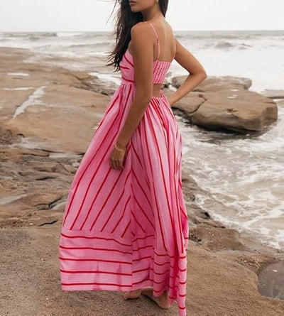 Caroline - Women’s Slash Neck Stripe Slip Maxi Dress