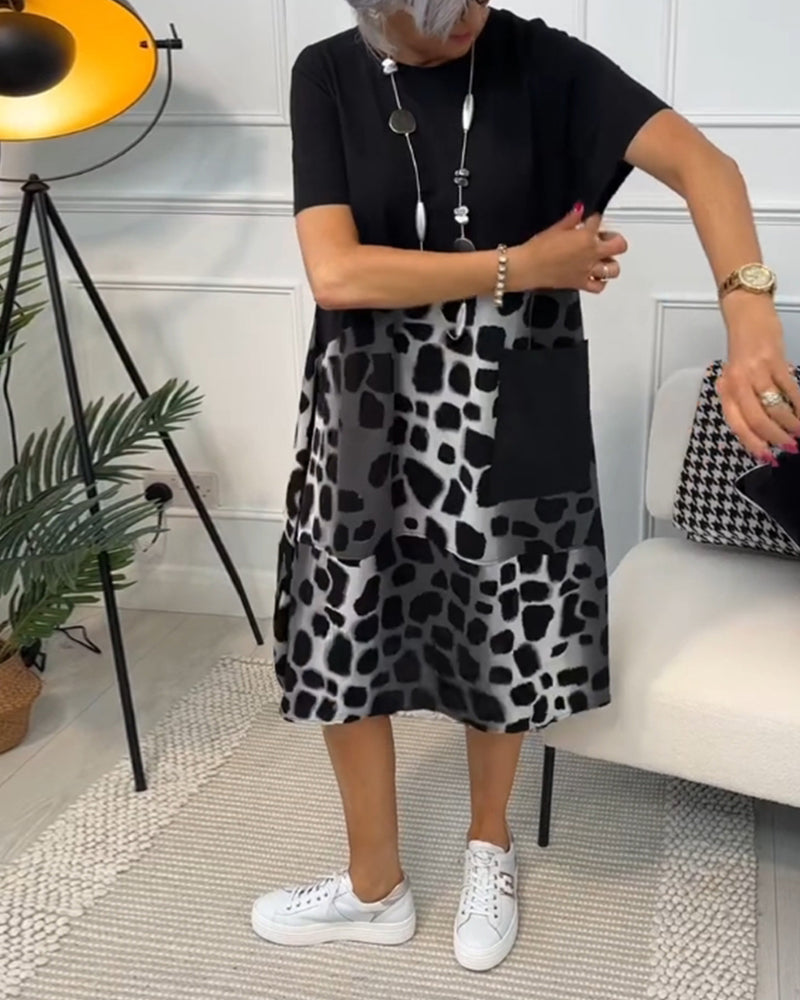 Daphne - Stylish Short Sleeve Leopard Print Midi Dress