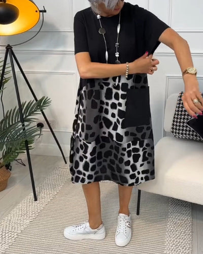 Daphne - Stylish Short Sleeve Leopard Print Midi Dress