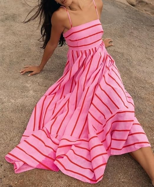 Caroline - Women’s Slash Neck Stripe Slip Maxi Dress