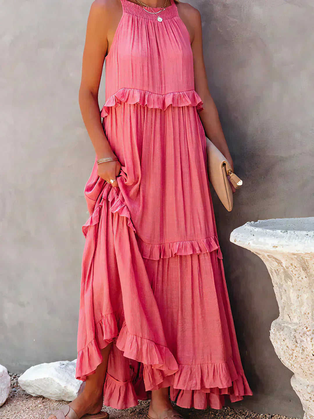 Avery - Elegant Halter Neck Ruffle Trim Dress