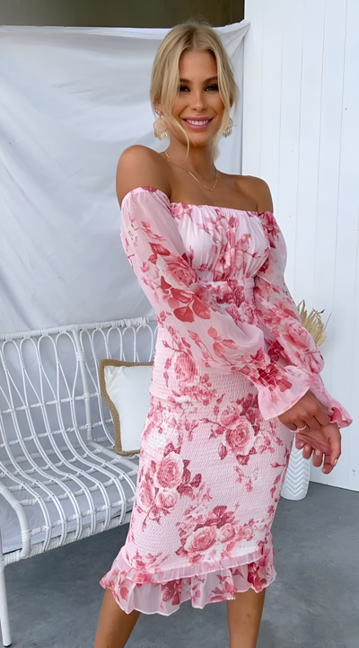 Caitlin - Floral Off Shoulder Smocked Waist Midi Dress