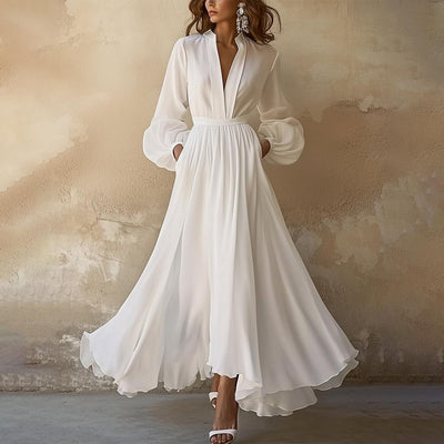 Gianna - Vintage-Inspired White V-Neck Maxi Dress