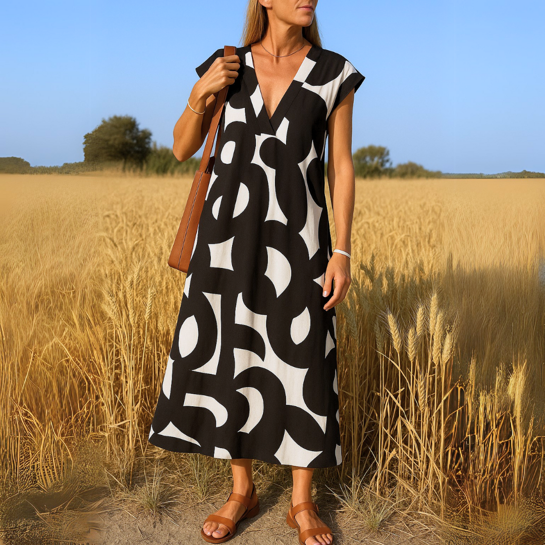 Zahra - Flowing V-Neck Geometric Print Dress