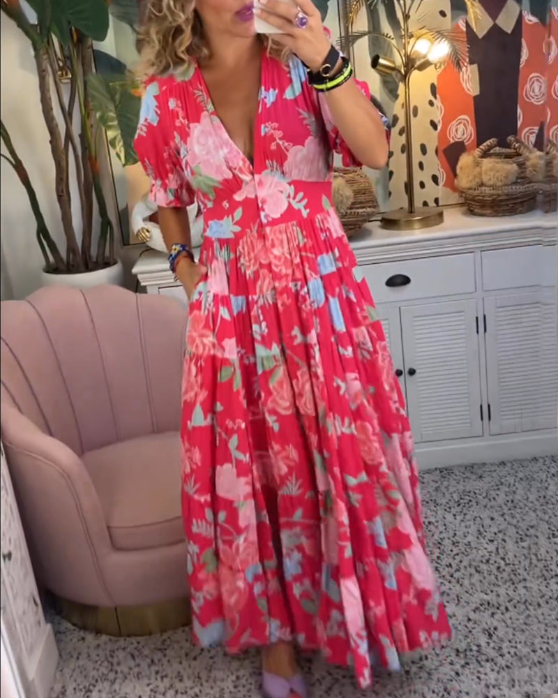 Isla - V-Neck Short Sleeve Floral Maxi Dress
