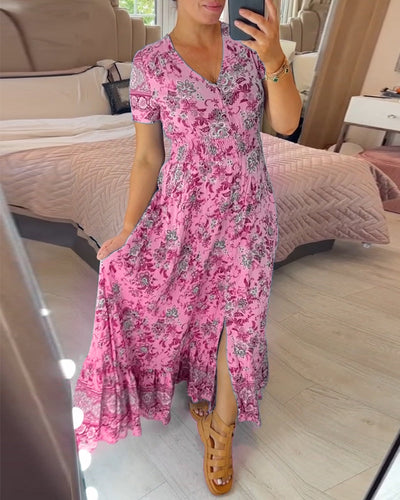 Aspen - Elegant Floral V-Neck Pleated Hem Dress