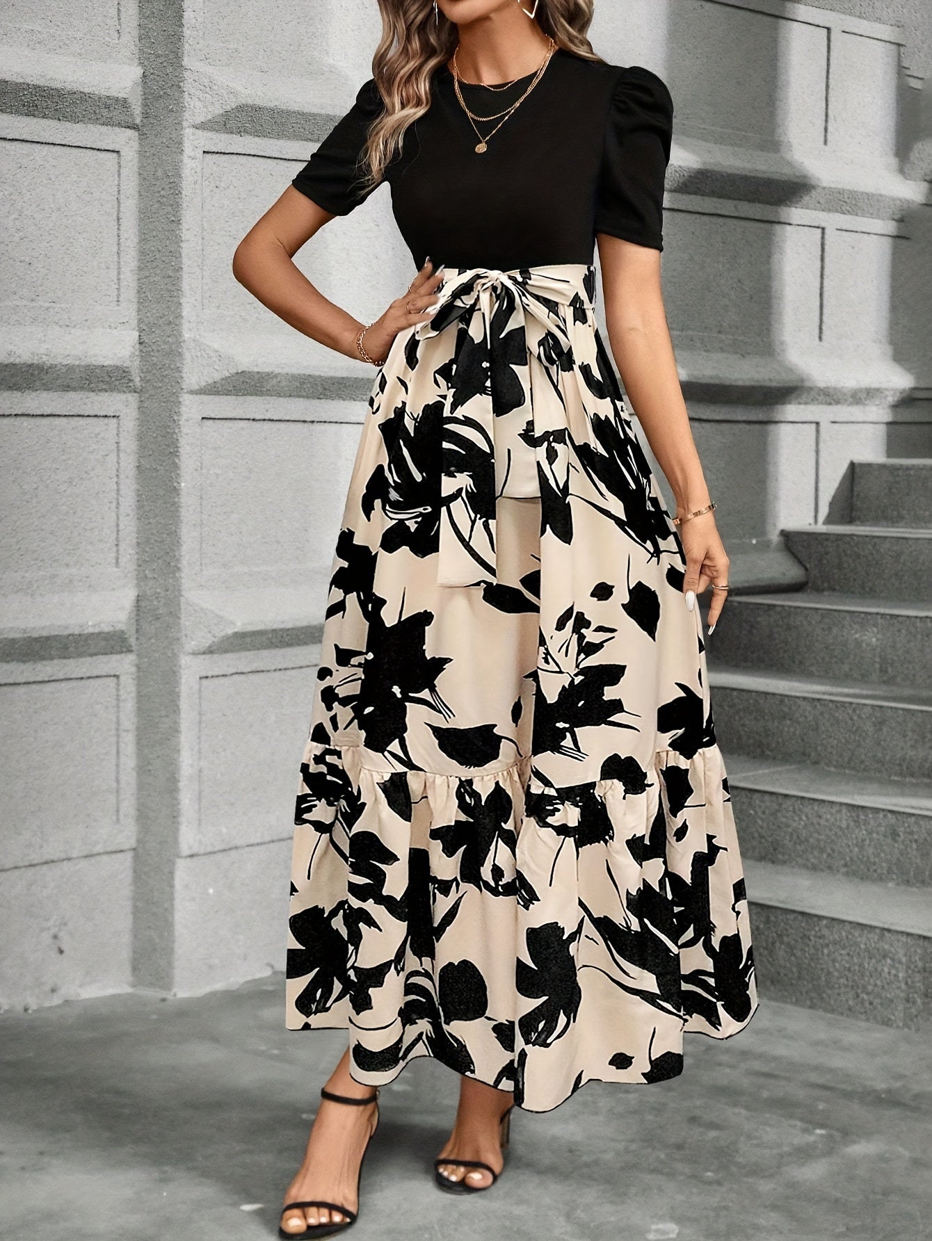 Kylie - Floral High-Waist Dress with Ruffle Hem