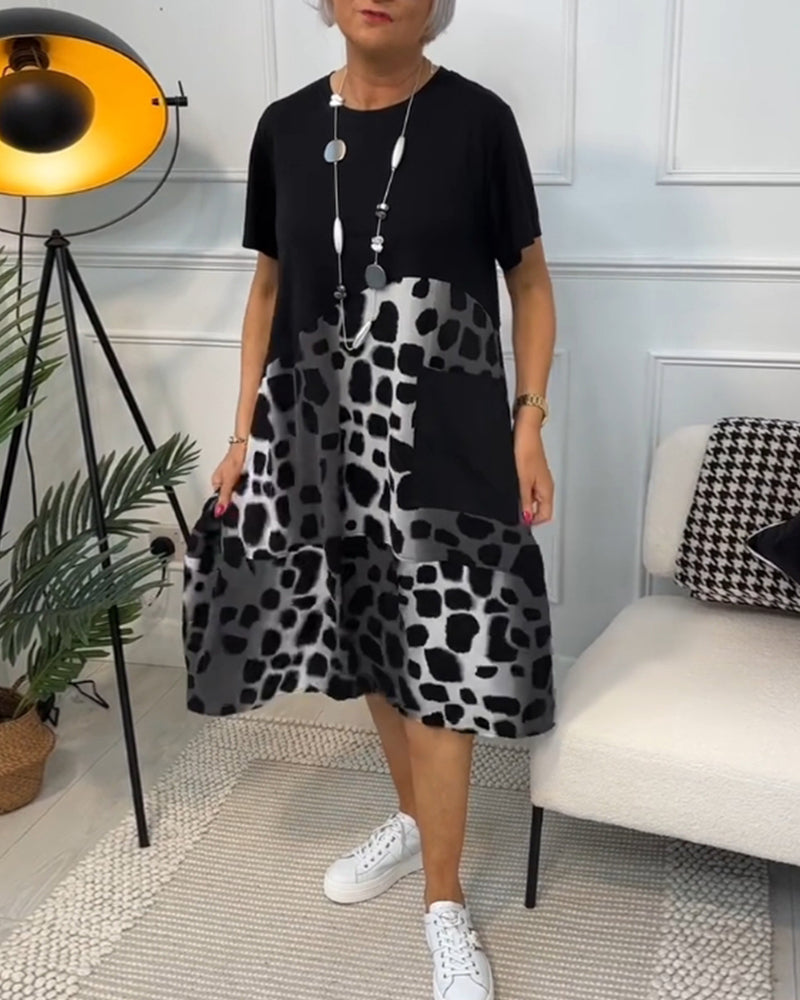 Daphne - Stylish Short Sleeve Leopard Print Midi Dress