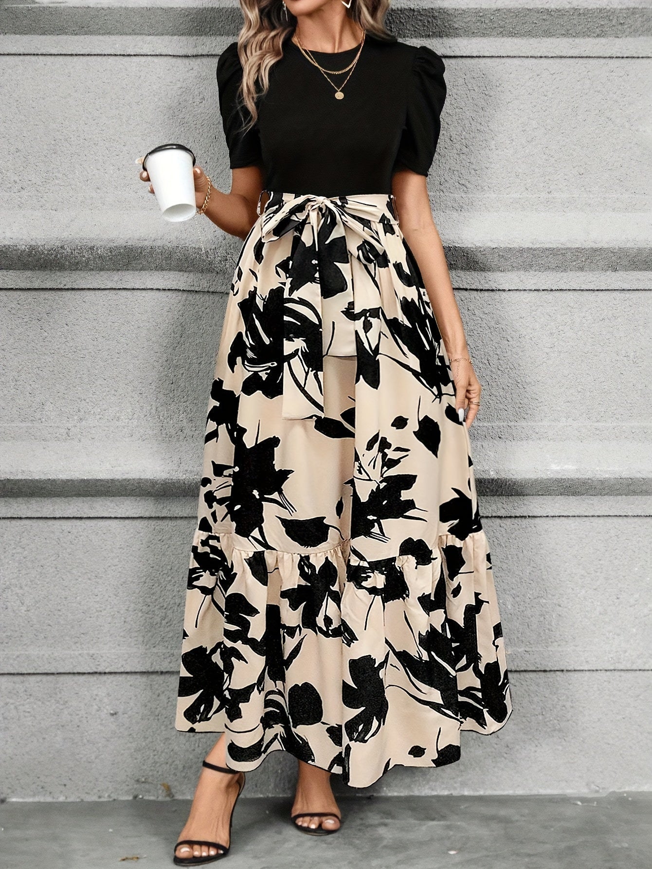 Kylie - Floral High-Waist Dress with Ruffle Hem