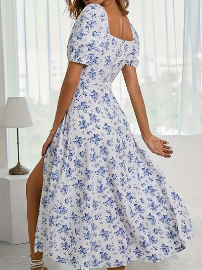 Helena - Artistic Floral Print Puff Sleeve Dress