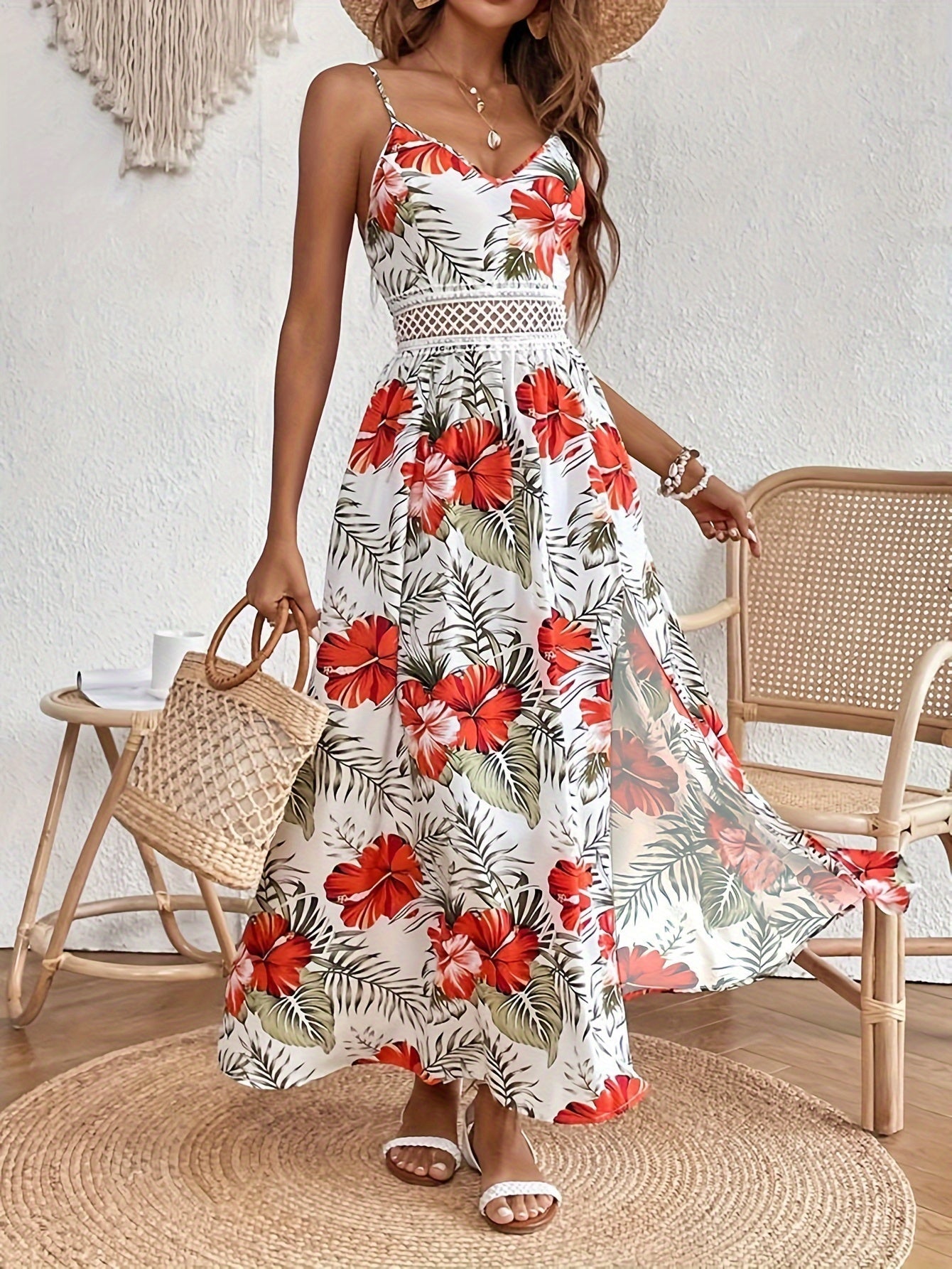 Leslie - Floral V-Neck Suspender Maxi Dres
