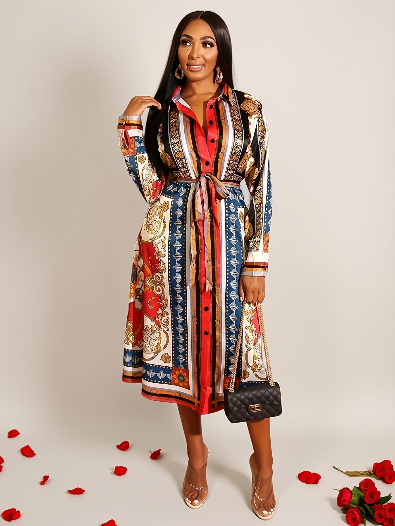 Michelle - Mid-Calf Long Sleeve Shirt Dress