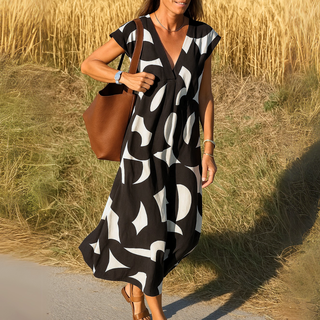 Zahra - Flowing V-Neck Geometric Print Dress