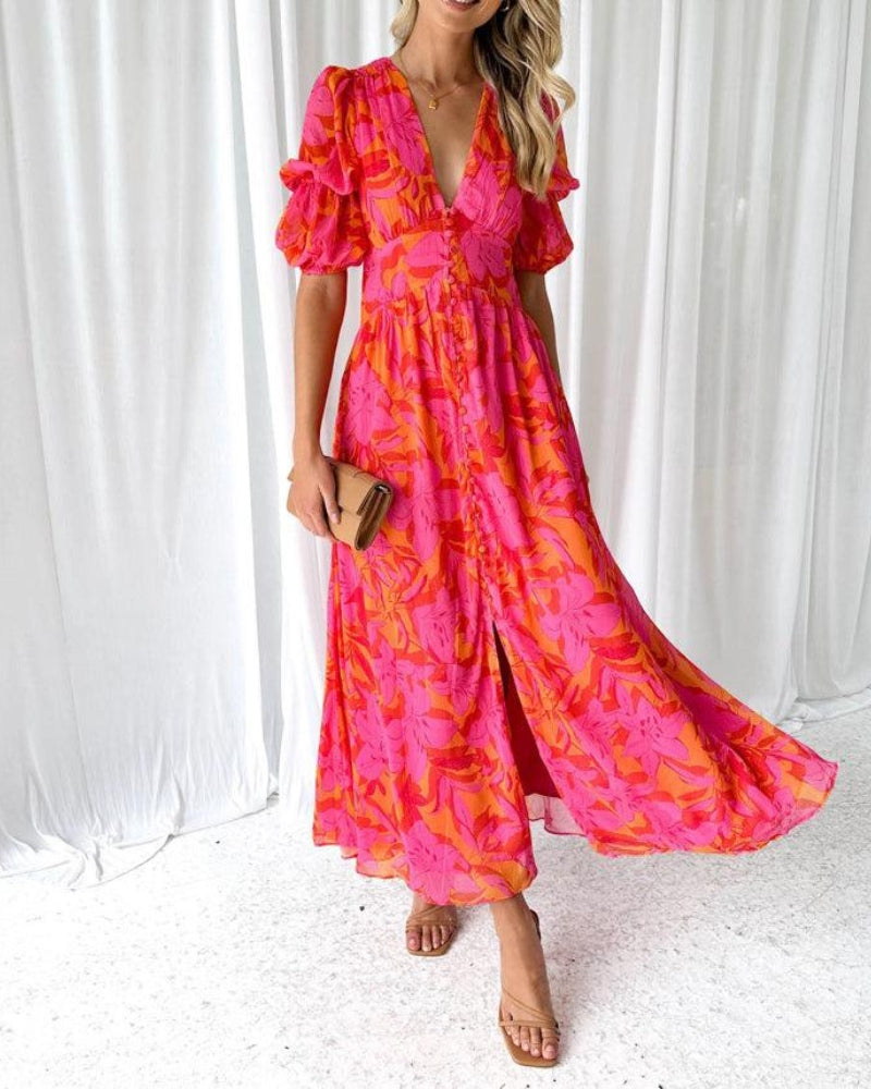 Leona – Elegant V-Neck Puff Sleeve Maxi Dress