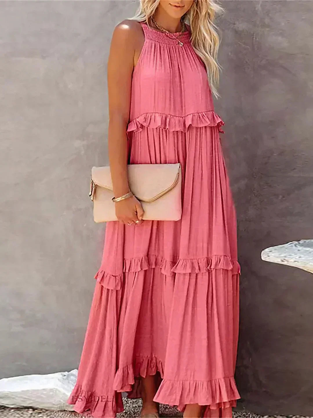 Avery - Elegant Halter Neck Ruffle Trim Dress