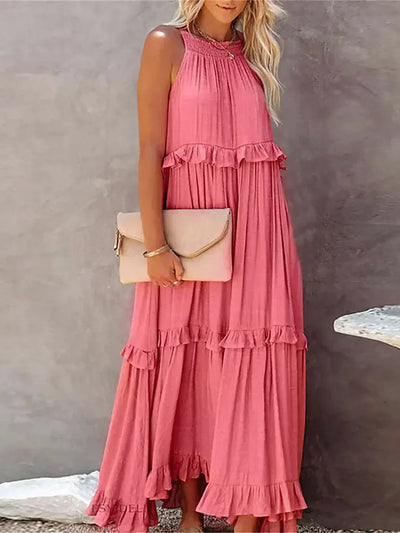 Avery - Elegant Halter Neck Ruffle Trim Dress