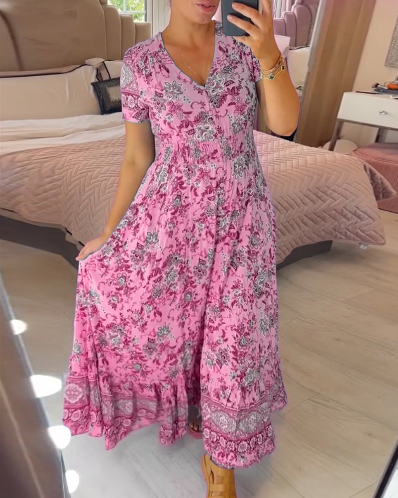 Aspen - Elegant Floral V-Neck Pleated Hem Dress