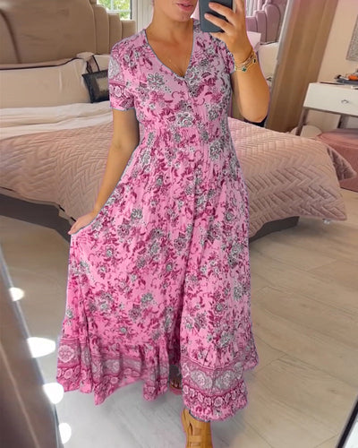 Aspen - Elegant Floral V-Neck Pleated Hem Dress