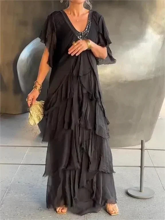 Zinnia - Ruffled Short Sleeves V-Neck Maxi Dress