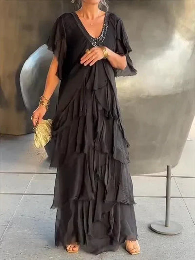 Zinnia - Ruffled Short Sleeves V-Neck Maxi Dress