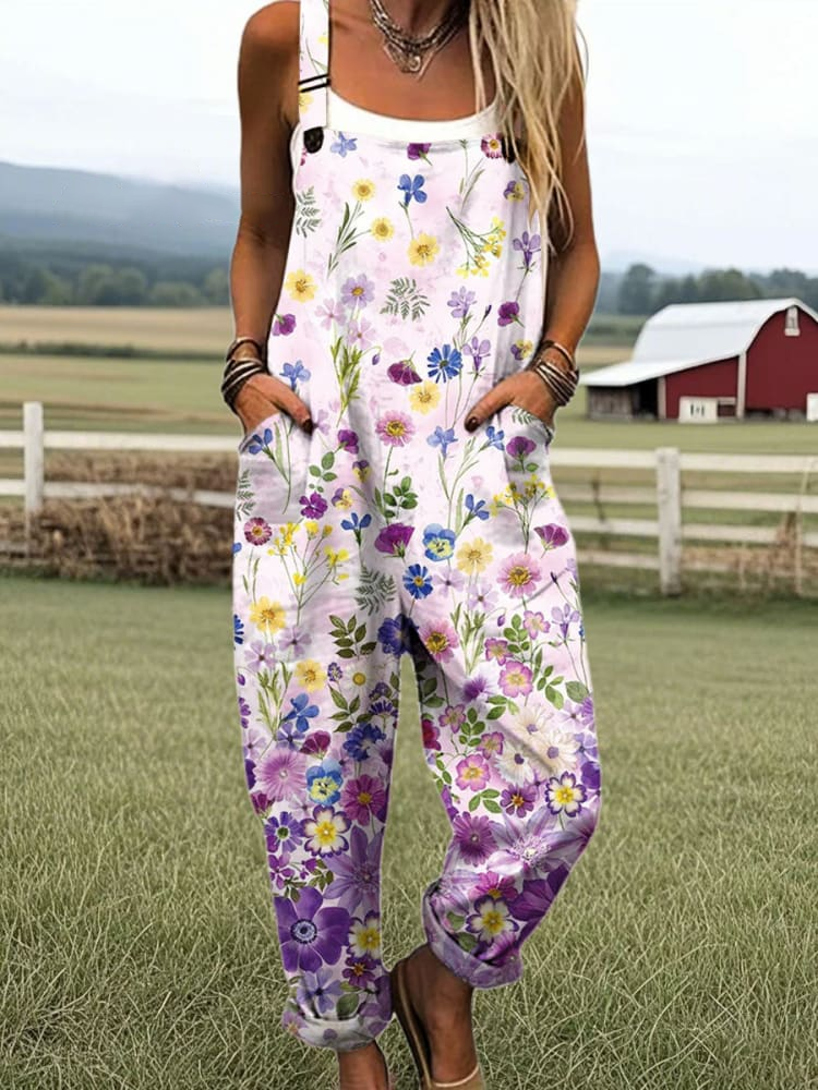Flossie - Women's Vintage Floral Pattern Print Casual Wide Leg Jumpsuit