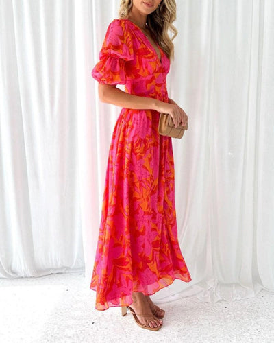 Leona – Elegant V-Neck Puff Sleeve Maxi Dress