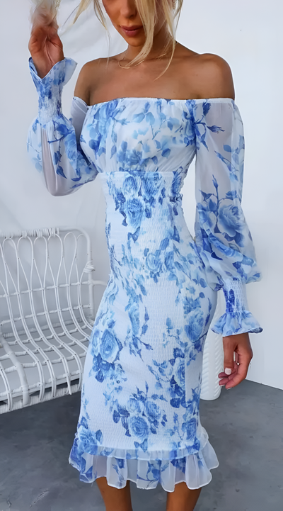 Caitlin - Floral Off Shoulder Smocked Waist Midi Dress