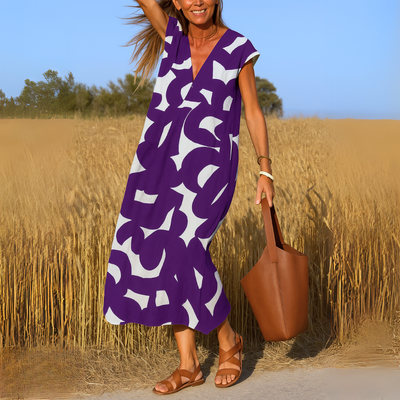 Zahra - Flowing V-Neck Geometric Print Dress