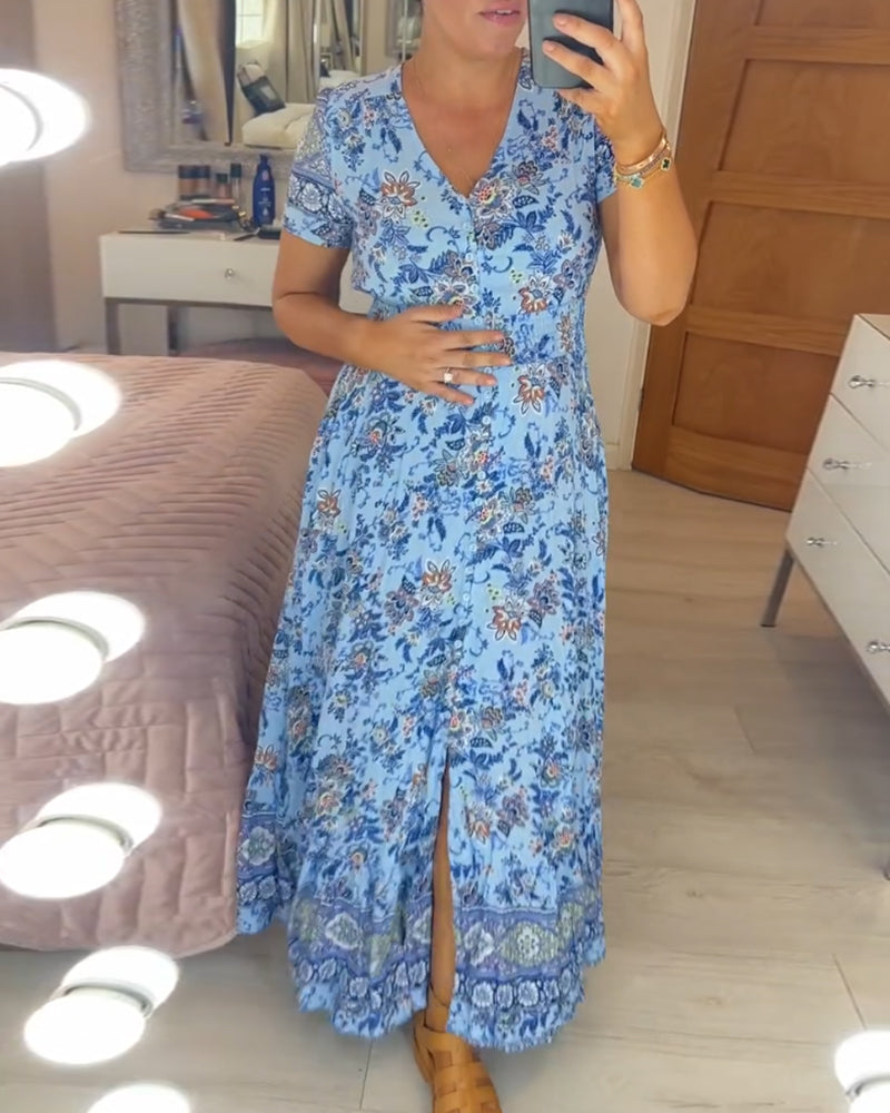 Aspen - Elegant Floral V-Neck Pleated Hem Dress