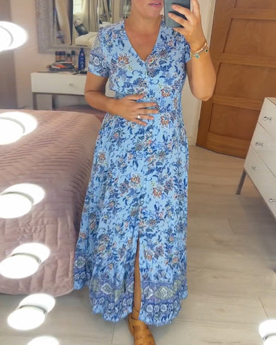 Aspen - Elegant Floral V-Neck Pleated Hem Dress