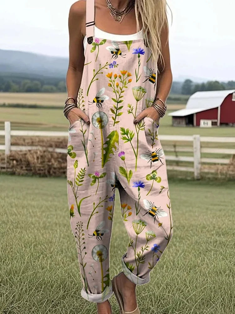 Fern - Women's Lovely Floral Bees Art Print Casual Cotton Wide Leg Jumpsuit