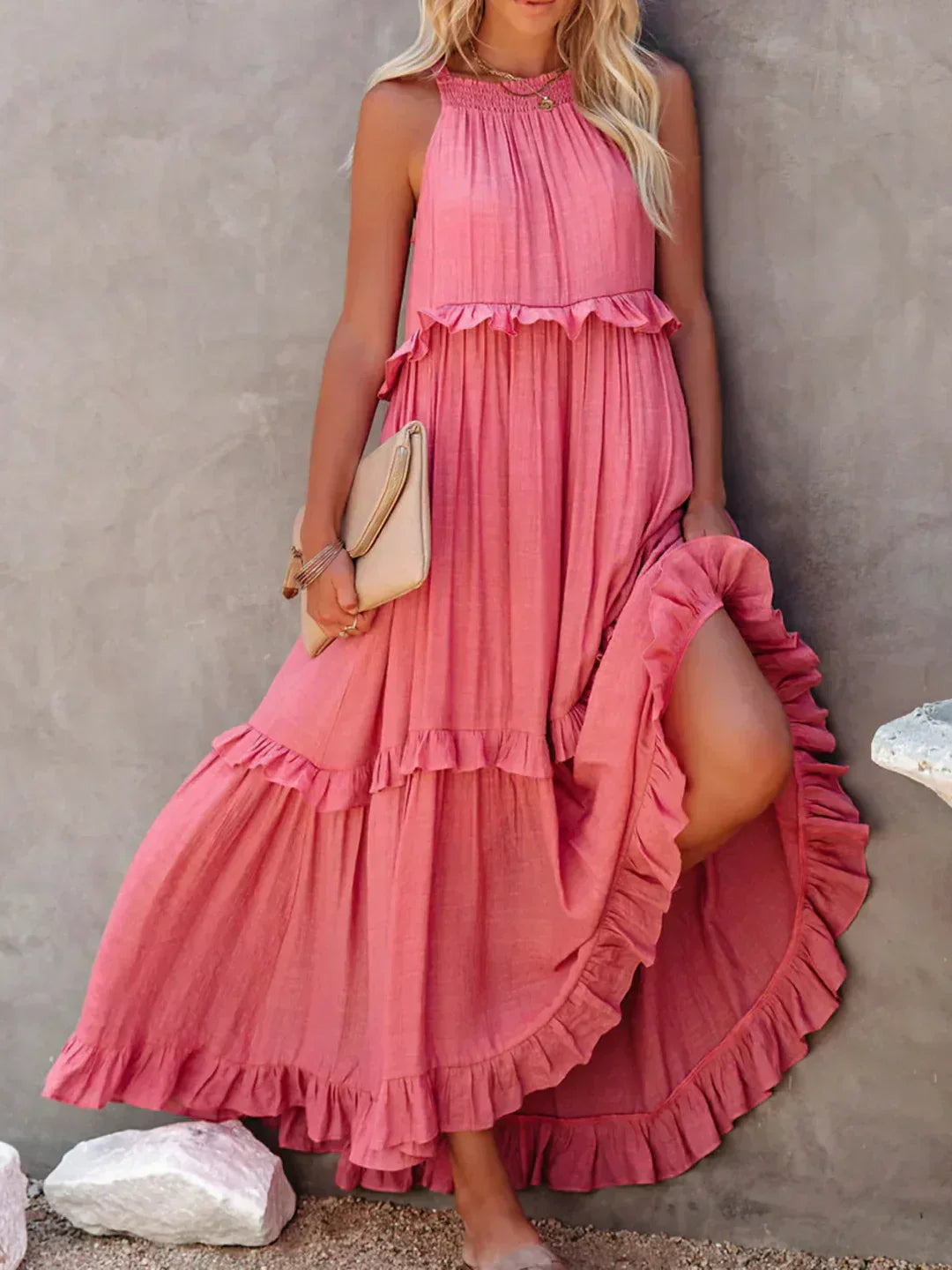 Avery - Elegant Halter Neck Ruffle Trim Dress