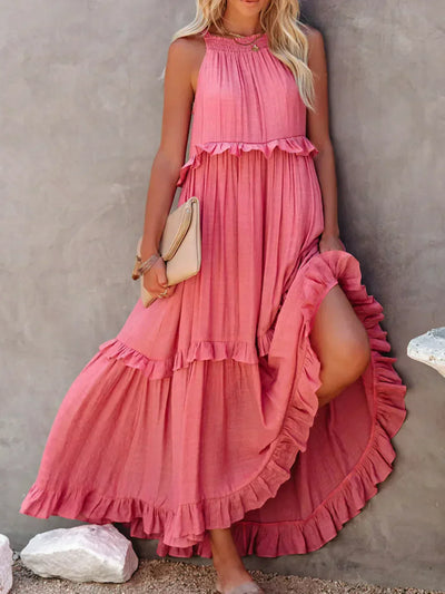 Avery - Elegant Halter Neck Ruffle Trim Dress