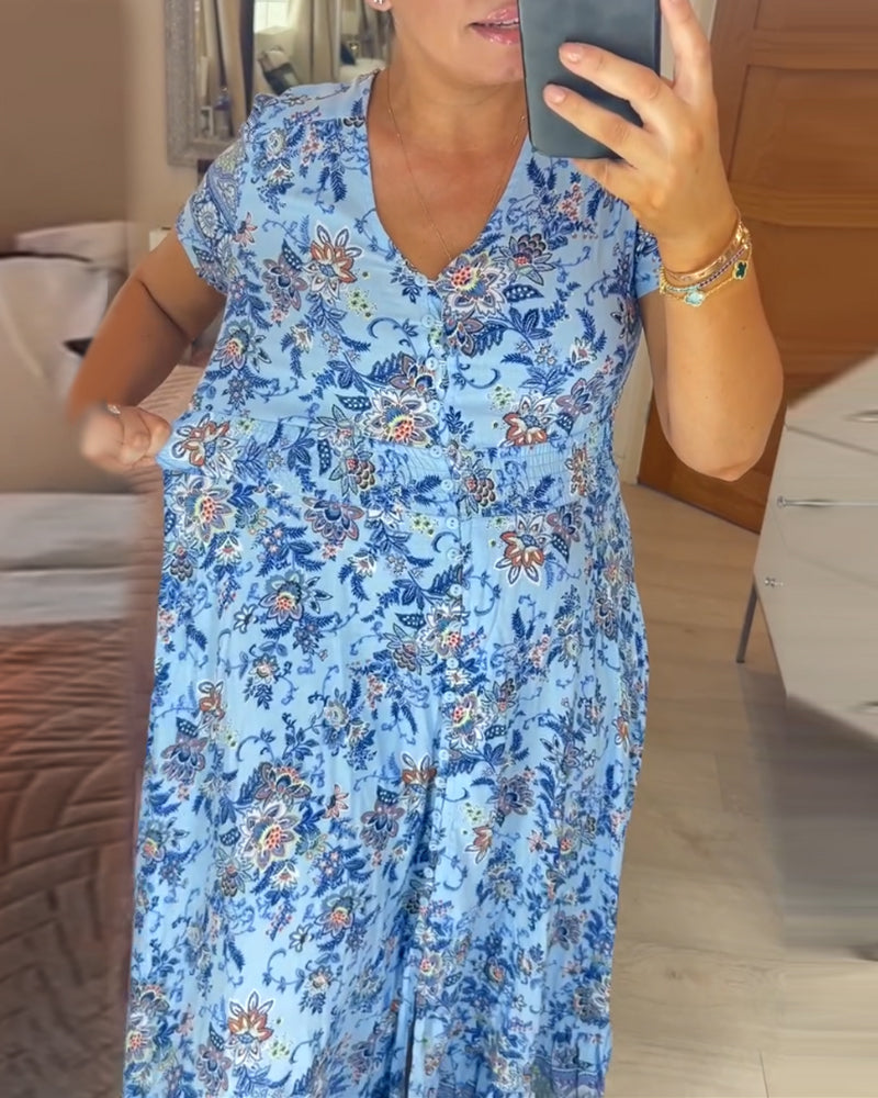 Aspen - Elegant Floral V-Neck Pleated Hem Dress