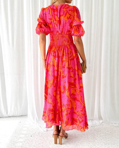 Leona – Elegant V-Neck Puff Sleeve Maxi Dress