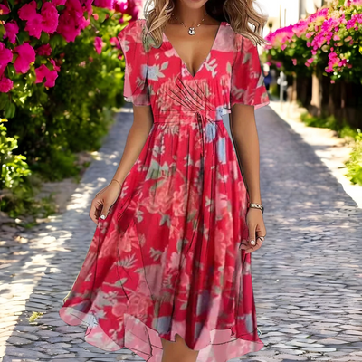 Rose - Floral Loose-Fit Deep V-Neck Dress