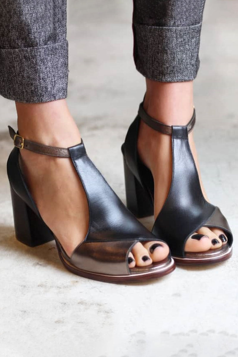 Anyao™ Elegant Black Patchwork Heeled Sandals with Open Toe – Perfect for Any Occasion