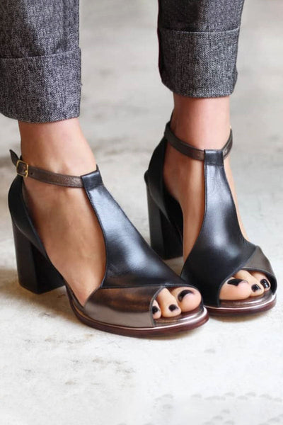 Anyao™ Elegant Black Patchwork Heeled Sandals with Open Toe – Perfect for Any Occasion