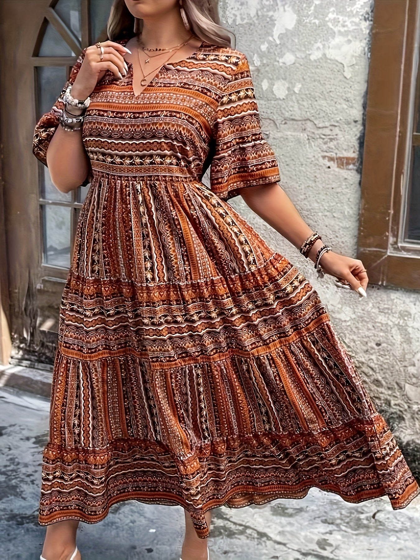 Kate - Elegant Ethnic Print Bohemian Dress