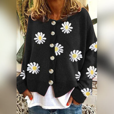 Women’s Knit Cardigan – Oversized Fit – Daisy Print – Button Down – Ribbed Trim